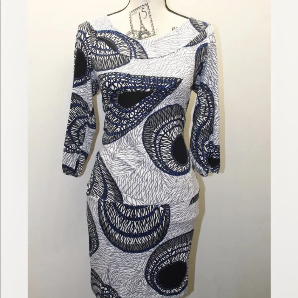 BCBG Max Azria Women Shirt Dress Long Sleeve Graphic Print White Blue Fitted XS